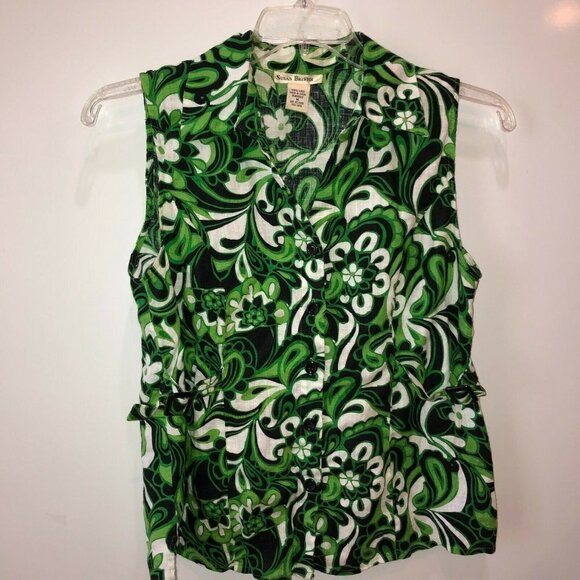 Susan Bristol Linen Green Floral Sleeveless Shirt - Picture 1 of 6